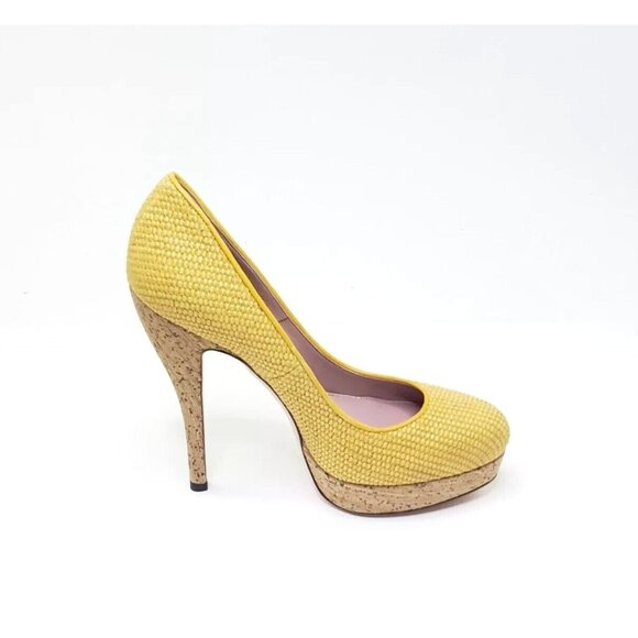 Gucci Bumblebee Woven Cork Platform Pump Stiletto Almond Round Toe Yellow US 7.5 - Picture 3 of 10